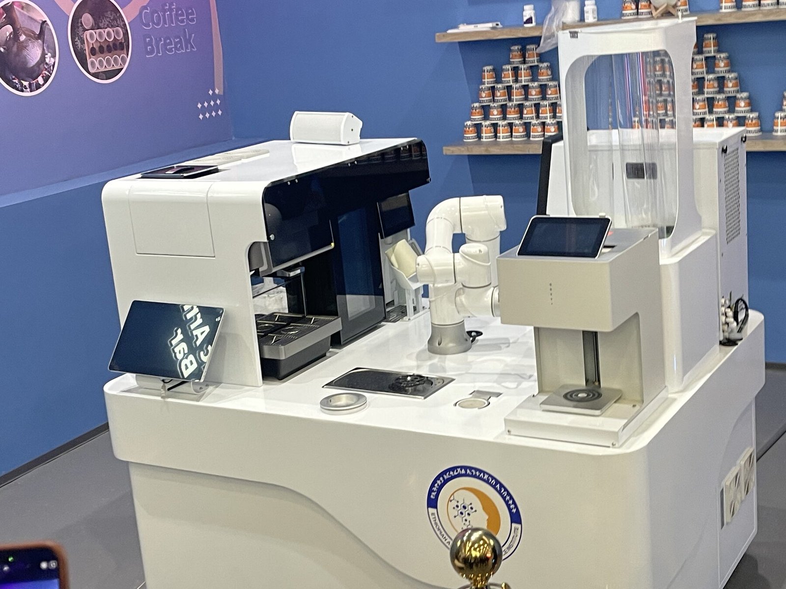 Robotic laboratory automation unit on display at a technology exhibition